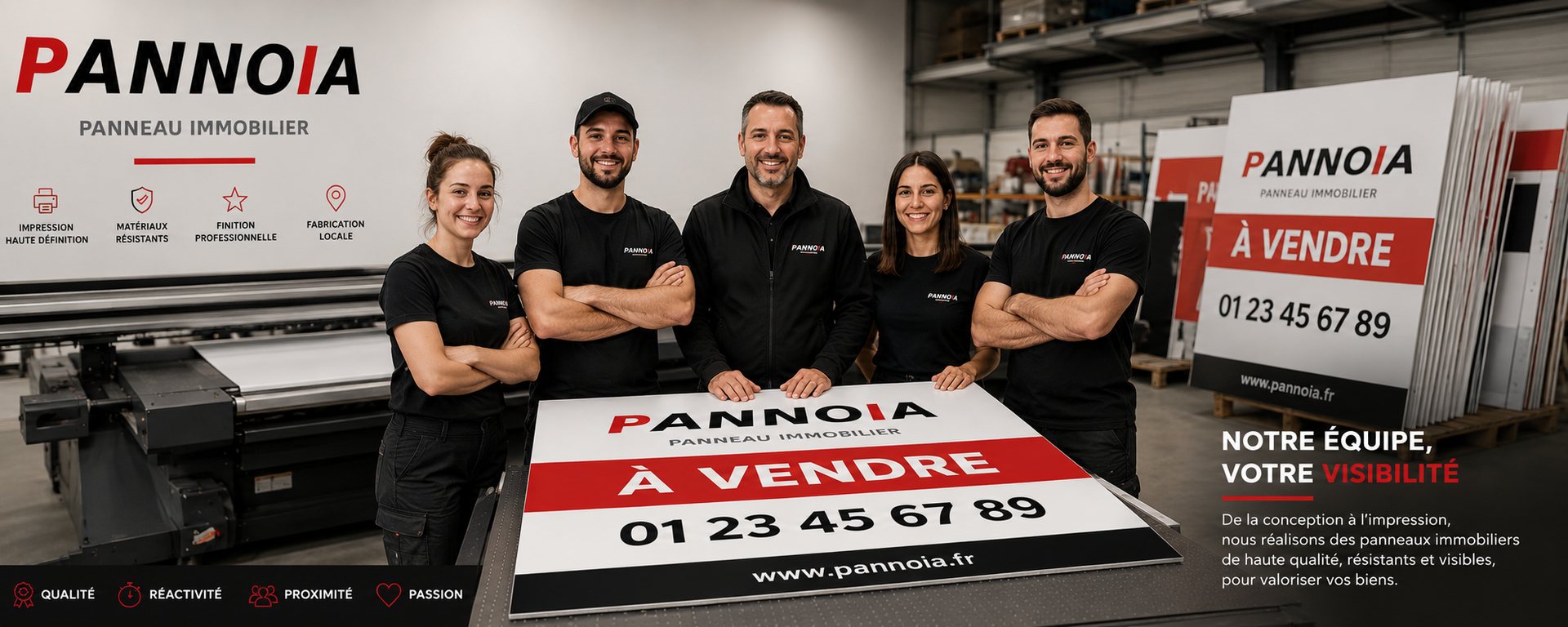 L'équipe PANNOIA dans l'atelier devant une table d'impression et un panneau immobilier À vendre
