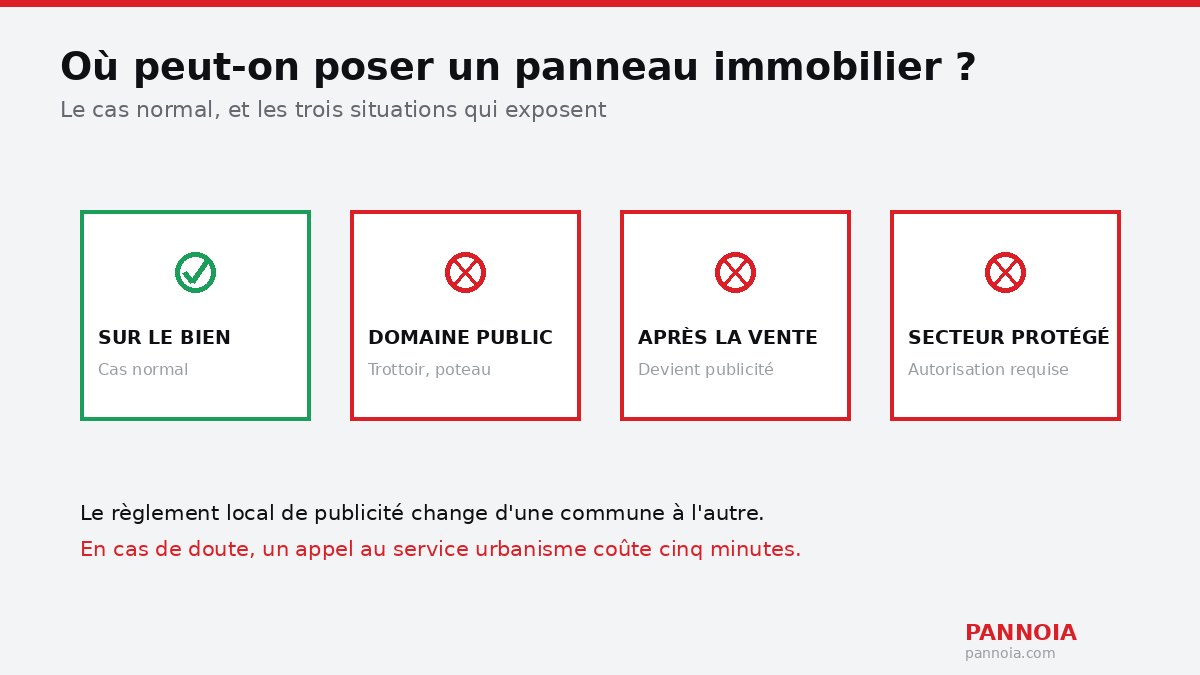 Les quatre situations d'affichage d'un panneau immobilier : sur le bien, domaine public, après la vente, secteur protégé