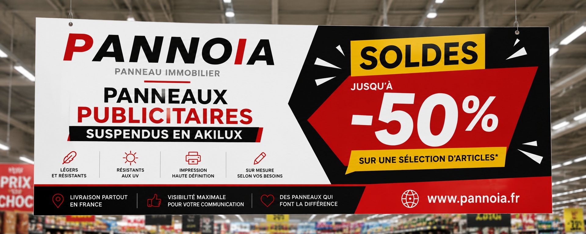 Pancarte publicitaire suspendue en Akilux au-dessus d'une allée de magasin, affichant une offre de soldes