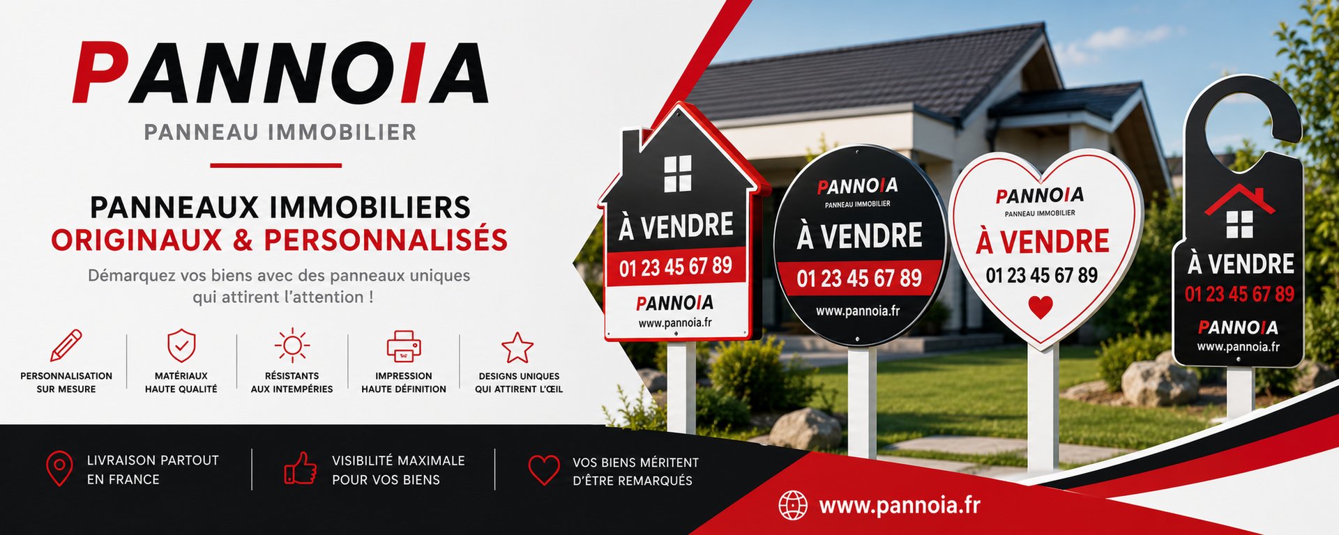 Quatre panneaux immobiliers personnalisés découpés en forme de maison, de rond, de cœur et d'accroche-porte devant une maison