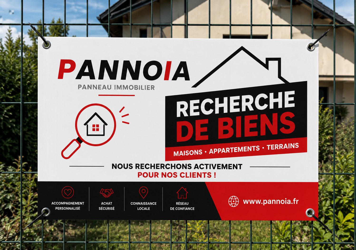 Panneau PANNOIA « Recherche de biens — maisons, appartements, terrains » fixé par quatre œillets sur une clôture rigide