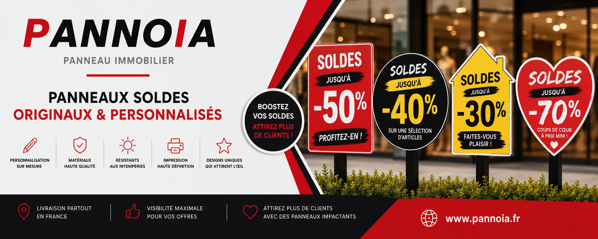Panneaux de soldes découpés en rectangle, rond, maison et cœur devant une vitrine, affichant -50 %, -40 %, -30 % et -70 %