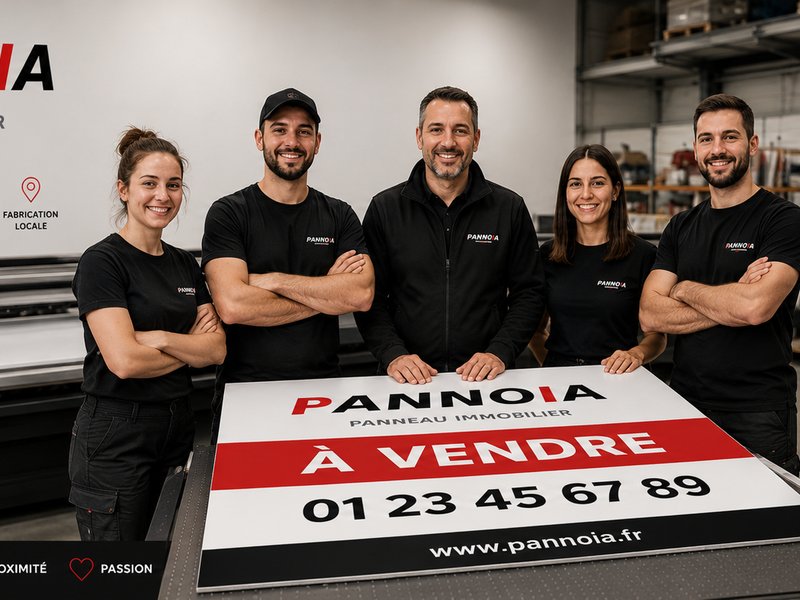 L'équipe PANNOIA dans l'atelier devant un panneau immobilier À vendre