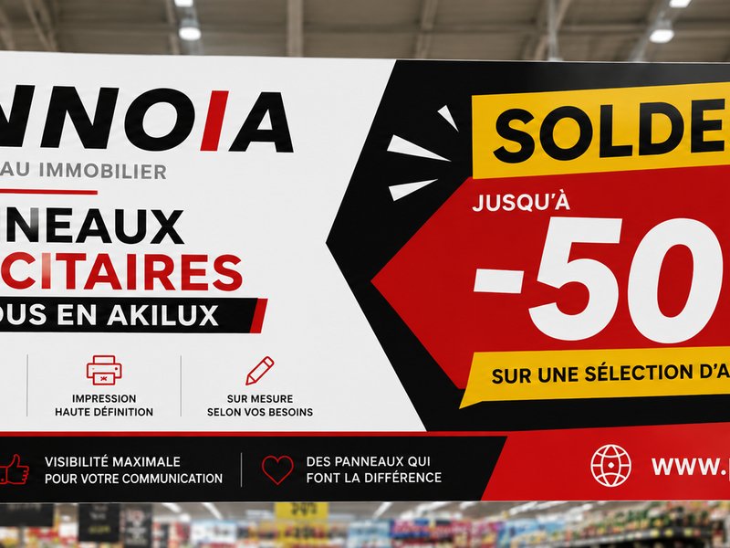Pancarte publicitaire suspendue en Akilux au-dessus d'une allée de magasin