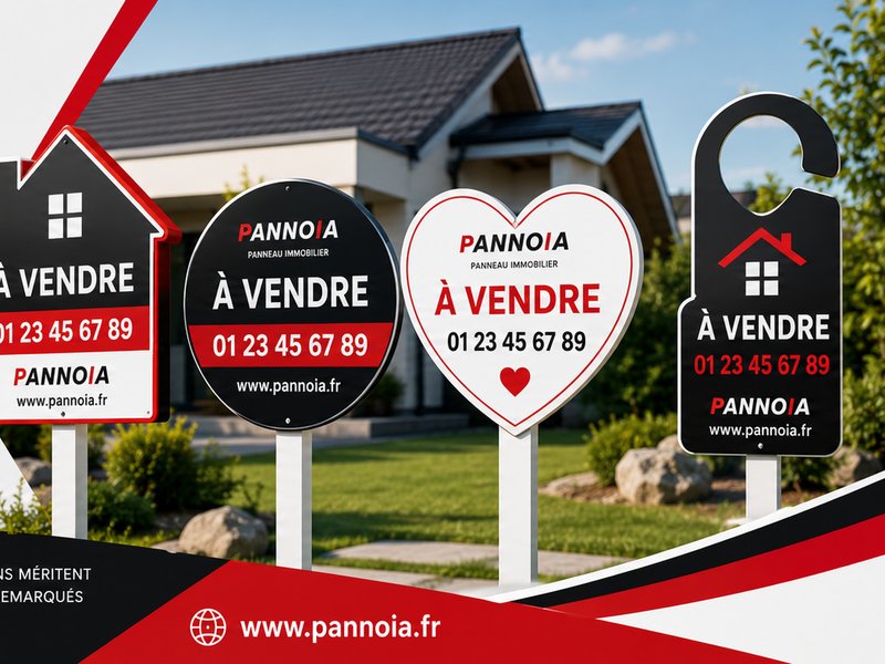 Quatre panneaux immobiliers découpés en forme de maison, de rond, de cœur et d'accroche-porte