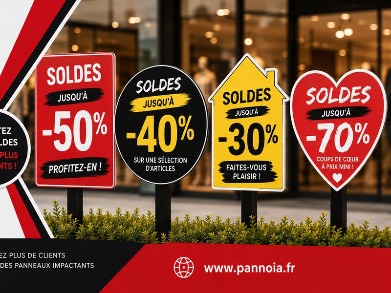 Panneaux de soldes découpés affichant -50 %, -40 %, -30 % et -70 % devant une vitrine