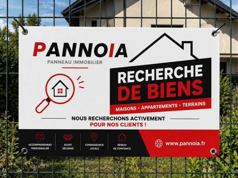 Panneau « Recherche de biens — maisons, appartements, terrains » posé sur une clôture